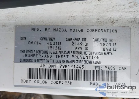 2014 Mazda Mazda3 I Sv из США, поврежденный, VIN JM1BM1T79E1214451